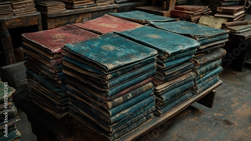 Stacked aged books in piles on old wooden shelves