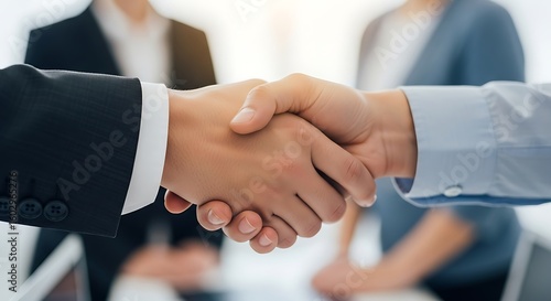 A handshake between two business partners with colleagues in the background