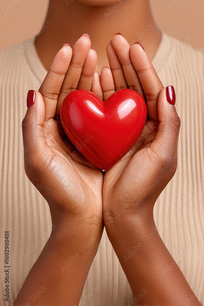 Obraz premium Hands gently holding a small red heart symbolizing love and care