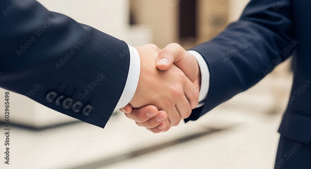 Fototapeta premium Two businessmen in dark suits shaking hands symbolizing a successful agreement