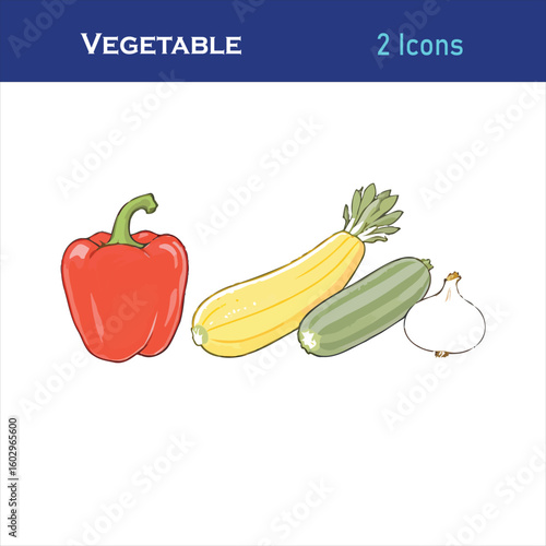 Fresh Vegetable Selection: Vivid illustration of an array of fresh vegetables, including a vibrant bell pepper, long zucchini, compact zucchini and a delicate onion.