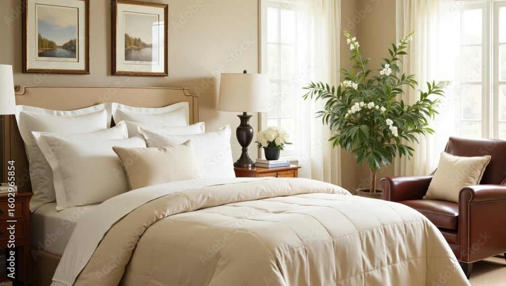 Fototapeta premium Beige comforter set on a bed in a bedroom with a decorative plant and a leather chair.