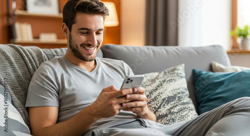 Smiling happy young man/Gen G holding cell mobile phone using smartphone sitting at home on couch, scrolling social media, checking apps, buying online, texting messages.