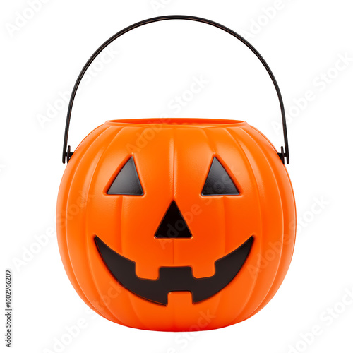A classic orange plastic pumpkin bucket with a carved jackolantern face and a black handle isolated on transparent background