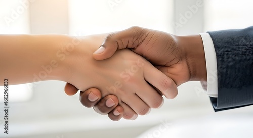 A handshake between a person with darker skin and a person with lighter skin symbolizing diversity and inclusion in business