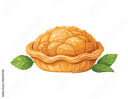 Sweet Baked Mini Pie with Leaf Garnish - Vector Illustration