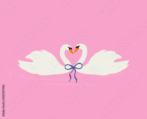 Swan couple. Romantic greeting card design. Flat style minimal design. 