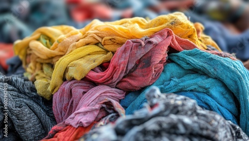 close-up on a huge pile of dirty and worn-out clothes and textile products, social advertising for conscious consumption, ecology