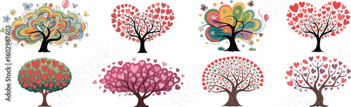 Stylized love tree vector collection. A set of decorative trees with colorful hearts and abstract swirl foliage for romantic and artistic designs.
