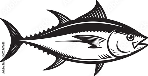 Tuna Fish Silhouette with Detailed Fins Monochrome Vector Illustration