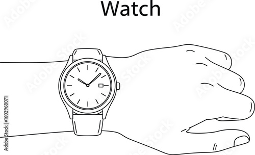 Elegant wristwatch illustration showcases a classic timepiece on a wrist, perfect for fashion, time management, or accessory-related designs with a minimalist aesthetic.