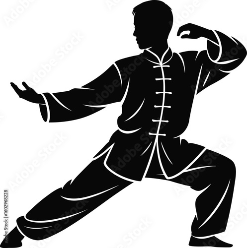 Kung Fu Martial Arts Male Silhouette in Traditional Combat Pose – Vector Clipart