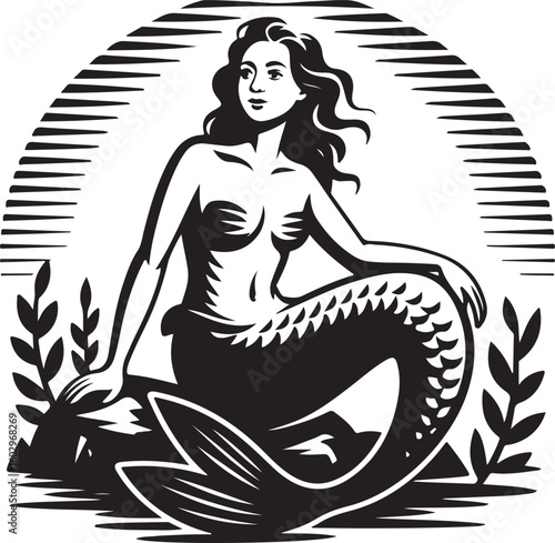Mermaid Vector Illustration Sitting on a Rock with Seaweed and Waves