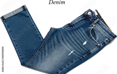 Stylish blue denim jeans are folded, showcasing their modern design, comfortable fit, and subtle distressed details, perfect for fashion layouts and apparel catalogs.