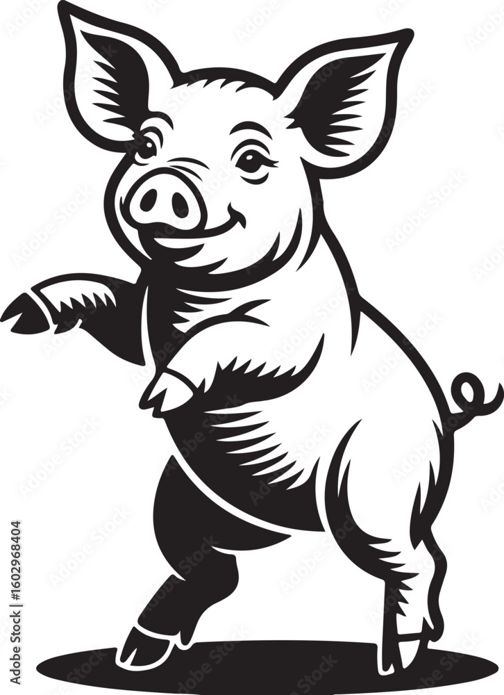 Fototapeta premium Standing Pig Vector Illustration with a Smiling Face and Raised Hoof
