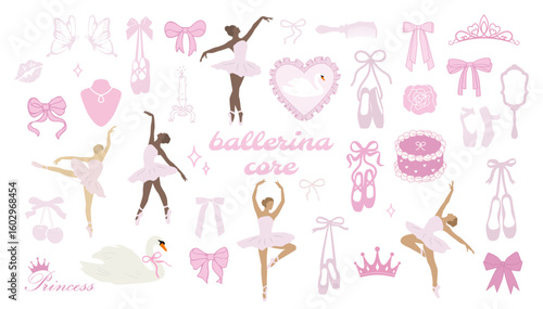 Ballerina core. Coquette ballerina aesthetic. Cute swan and princess icons. Flat style