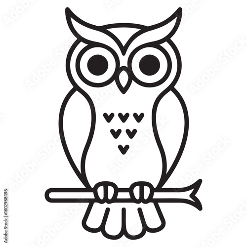 Cute black and white line art illustration of an owl perched on a branch.