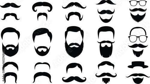 Men's hairstyles, beards, and mustaches icon set. Collection of black silhouettes for barber shop, hipster style, and male grooming concepts.
