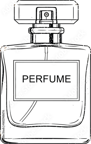 Elegant perfume bottle illustration showcases a classic square design with a label, perfect for beauty product mockups, fragrance advertisements, and cosmetic branding projects.