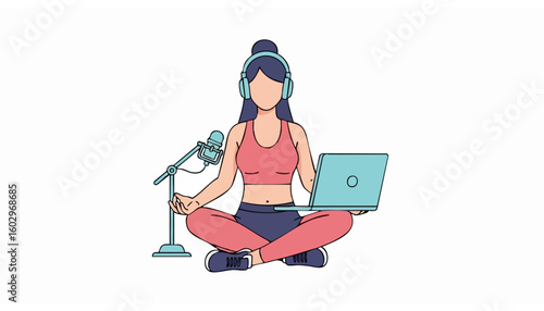 Young woman creating a podcast or streaming live, sitting in a lotus pose with a laptop and microphone. Modern remote work lifestyle concept.