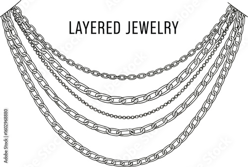 Elegant layered jewelry illustration showcases a collection of silver chains, perfect for fashion design, jewelry advertising, or creating stylish graphic elements with a modern aesthetic.