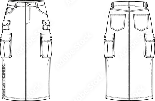 CAD drawing flat vector illustration of cargo pocket midi denim skirt front and back view, technical fashion apparel design template