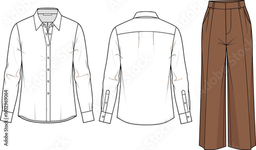 CAD drawing flat vector illustration of classic button up shirt front back and tailored trousers technical fashion template detailed sketch