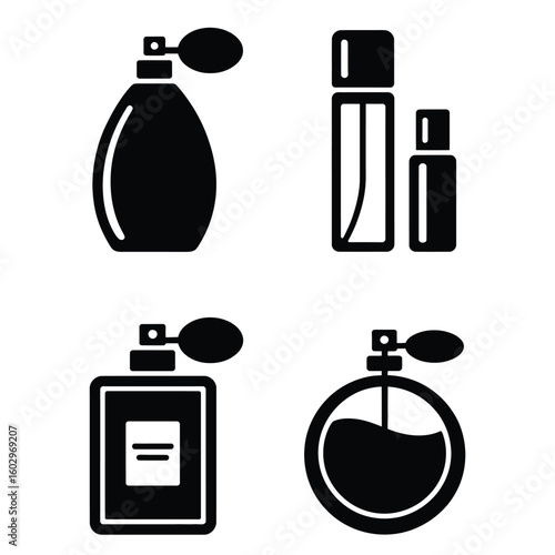 Black and white vector icons of perfume and fragrance items including spray bottle, roll-on, vial, and tester on a clean white background