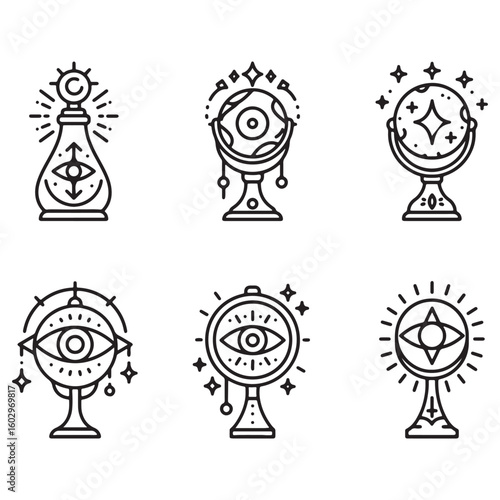 Set of elegant mystical line art icons for magic fortune telling and spirituality