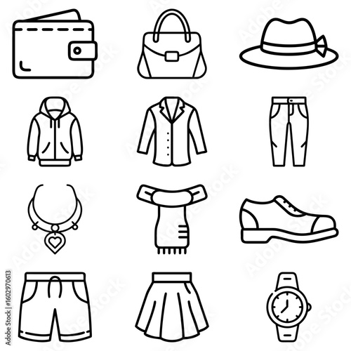 Illustration of various fashion items including clothing accessories and personal essentials in outline style