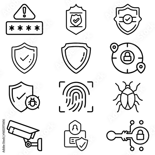 Illustration of security icons featuring password, shield, fingerprint, camera, and other related symbols