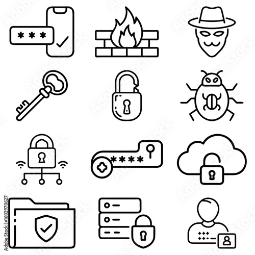 A collection of security themed icons including passwords, locks, firewalls, and cyber threats in black line