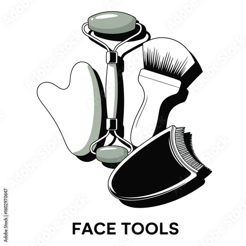Black and white vector illustration of a face tools bundle including gua sha, jade roller, face brush, and pore cleaner on white background