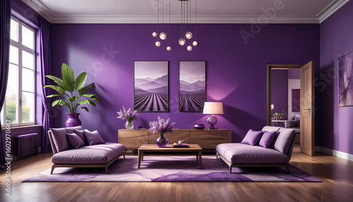 Modern living room interior with purple sofa and contemporary furniture in stylish home design
