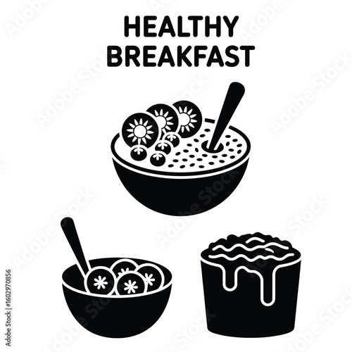 Black and white vector icons of healthy breakfast items including smoothie bowl with fruit, oatmeal with honey, and banana slices on white