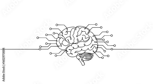 Brain with circuit connections in outline vector style  
