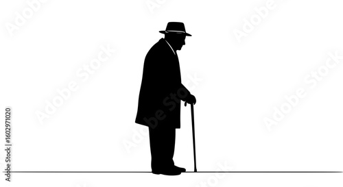 Elderly man in profile with cane walking slowly in silhouette style - single line vector outline concept