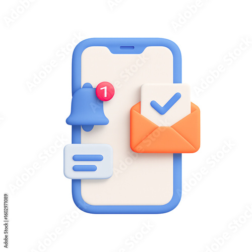 3d mobile phone with notification icons and email isolated on transparent background