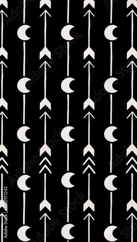 Celestial Pattern Design: A captivating geometric pattern features celestial moon and arrow motifs against a deep black backdrop. The minimalist design, a perfect blend of modern elegance. 