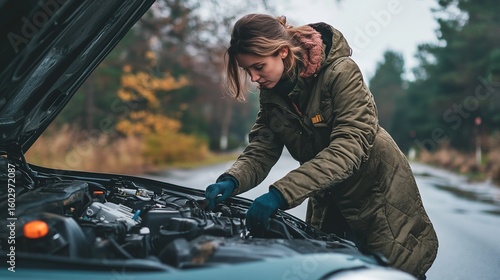 A woman in a green jacket repairs a car engine on a rainy roadside surrounded by autumn foliage.