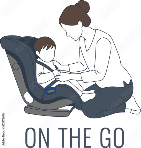 A gentle illustration shows a mother securing her baby in a car seat, highlighting safety and care for family travel, perfect for parenting blogs and child safety campaigns.