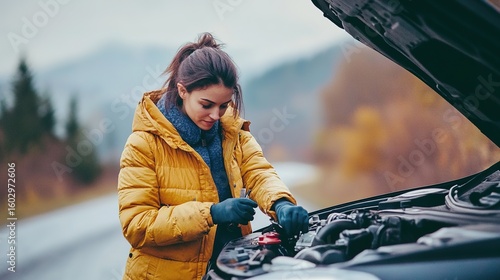 A woman in a yellow jacket inspects the engine of her car on a roadside with autumn trees and mountains in the background.