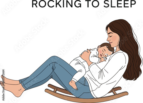 A heartwarming illustration shows a mother cradling her sleeping baby while sitting on a rocking chair, depicting a tender moment of maternal love and peaceful rest.