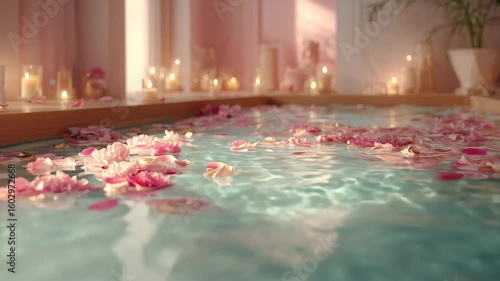 Relaxing spa pool with floating pink rose petals and soft candlelight creating calm and soothing atmosphere for wellness and self care moments with peaceful water and gentle natural light