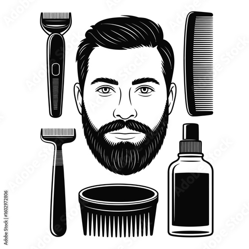Black and white vector illustration of beard grooming tools including trimmer, razor, comb, balm, and beard oil neatly arranged on white