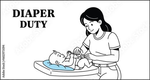 A charming illustration depicts a mother changing her baby's diaper on a changing table, showcasing the tender moment of care and responsibility in a minimalist cartoon style.
