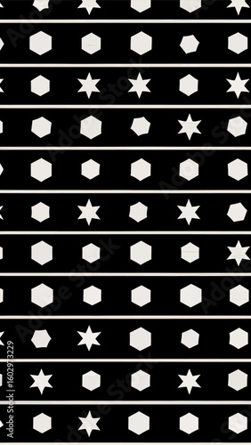 Geometric Pattern with Hexagons and Stars: An engaging design, where a sophisticated pattern presents a rhythmic sequence of hexagons and stars, artfully laid out against a dark backdrop.