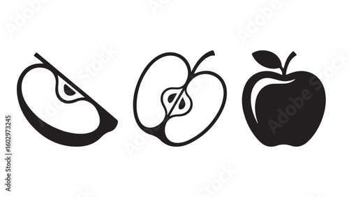 Versatile Apple Silhouette Fruit Set Vector Illustrations of Whole, Sliced, and Half-Cut. Perfect for Design Projects. Classic apple illustration with stem and leaf vector graphic
