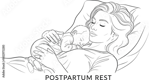 A serene line art illustration showcases a mother cradling her sleeping newborn baby, emphasizing the tender bond and peaceful postpartum rest, perfect for maternal health content.