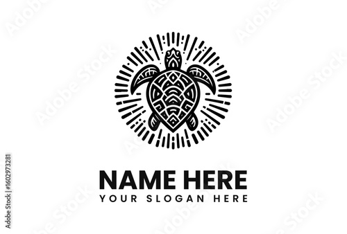 Stylized Sea Turtle with Geometric Shell Pattern and Radiating Lines.